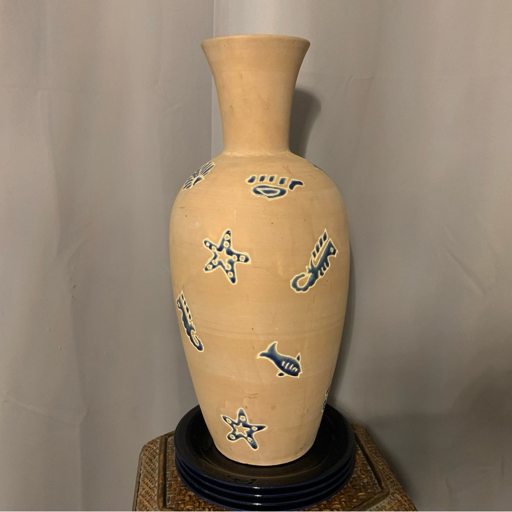 Beige Vase with Blue Sea Motifs